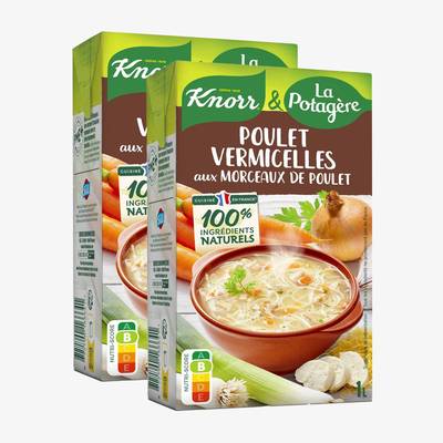 Knorr & La Potagère Soupe Poule Vermicelles aux petits légumes et morceaux de volaille, Lot de 2x1L
