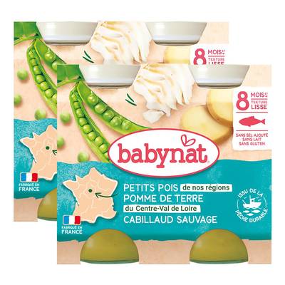 Babybio Petits pois, pommes de terre et cabillaud Bio pots Bébé Dès 8 mois, Lot de 2 - 2x200g