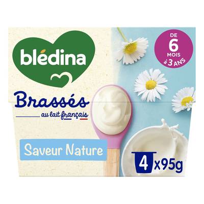 Blédina - Les Brassés Dessert Lacté Nature Coupelle Bébé dès 6 mois, 4x95g