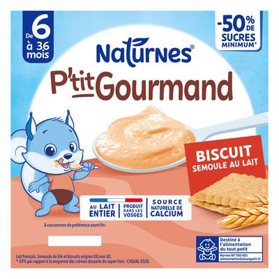 Naturnes® - P'tit Biscuit Dessert lacté Semoule Saveur Lait Biscuitée Pots Bébé dès 6 mois, 4x100g