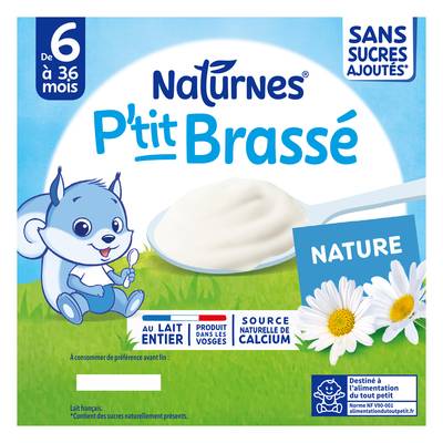 Naturnes® - P'tit Brassé Dessert Lacté Nature Sans Sucres Ajoutés Coupelle Bébé Dès 6 mois, 4x90g