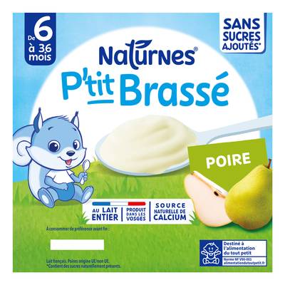 Naturnes® - P'tit Brassé Dessert Lacté Poire Sans Sucres Ajoutés Coupelle Bébé Dès 6 mois, 4x90g