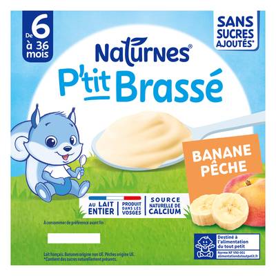 Naturnes® - P'tit Brassé Dessert lacté Banane Pêche Coupelle Bébé Dès 6 mois, 4x90g