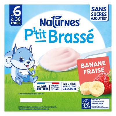 Naturnes® - P'tit Brassé Dessert Lacté Banane Fraise Coupelle Bébé Dès 6 Mois, 4x90g