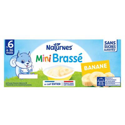 Naturnes® - P'tit Brassé Mini Dessert lacté Banane Sans Sucres Ajoutés Coupelle Bébé dès 4 mois, 6x50g