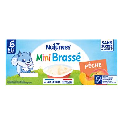 Naturnes® - P'tit Brassé Mini Dessert lacté Pêche Sans Sucres Ajoutés Coupelle Bébé dès 4 mois, 6x50g