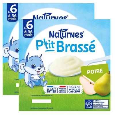 Naturnes® - P'tit Brassé Dessert Lacté Poire Coupelle Bébé Dès 6 mois, Lot de 2 - 4x100g