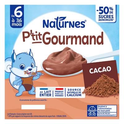 Naturnes® - P'tit Gourmand Dessert Lacté Cacao Coupelle Bébé dès 6 mois, 4x100g