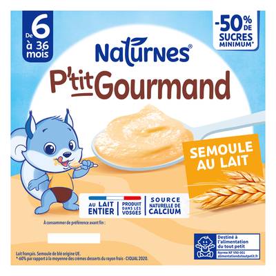 Naturnes® - P'tit Gourmand Dessert lacté Semoule pot bébé dès 6 mois, 4x100g