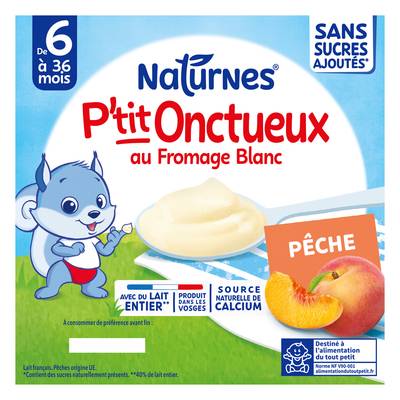 Naturnes® - P'tit Onctueux Desserts Lactés Pêche Fromage Blanc Sans Sucres Ajoutées Coupelle Bébé Dès 6 mois, 4x90g