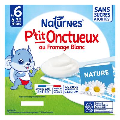 Naturnes® - P'tit Onctueux Dessert Lacté Nature Fromage Blanc Coupelles Bébé dès 6 mois, 4x90g