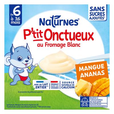 Naturnes® - P'tit Onctueux Dessert Lacté Mangue Ananas Fromage Blanc Coupelle Bébé dès 6 Mois, 4x90g