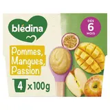 Blédina Pommes, Mangue, Passion Coupelle Bébé Dès 8 mois, 4x100g