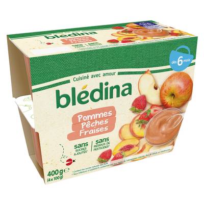 Blédina Pomme Pêche Fraise Coupelle Bébé Dès 6 mois, 4x100g