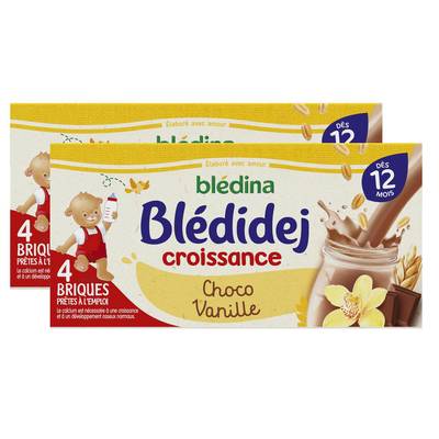 Blédina - Blédi'dej Céréales lactées Choco Vanille Brique Bébé Dès 12 mois, Lot de 2 - 4x25cl