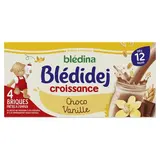 Blédina - Blédi'dej Céréales lactées Choco Vanille Brique Bébé Dès 12 mois, 4x25cl