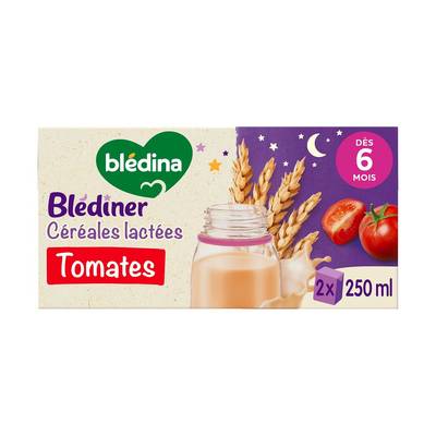 Blédina - Blédîner Céréales lactées saveur tomates Brique Bébé dès 6 mois, 2x25cl