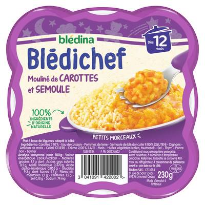 Blédina - Blédi'chef Mouliné de Carottes et Semoule Assiette Bébé Dès 12 mois, 230g
