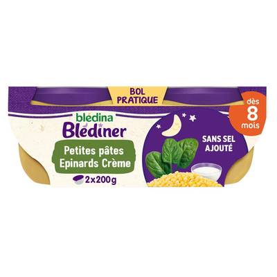 Blédina - Blédîner Petites Pâtes Epinards Touche de Crème Bol Bébé Dès 8 mois, 2x200g