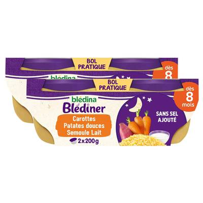 Blédina - Blédîner Duo de Carottes, Patates Douces et Semoule Bol Bébé Dès 8 mois, Lot de 2 - 2x200g