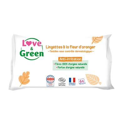 Love & Green Lingettes hypoallergéniques à la fleur d'oranger Bio, 64 lingettes