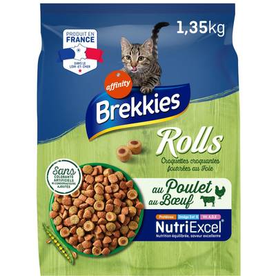 Affinity - Brekkies Rolls Croquettes Fourrées Foie Poulet Boeuf pour Chat Adulte, 1,35kg