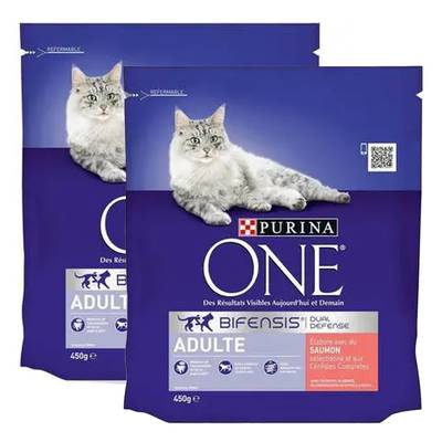 Purina - One Croquettes Saumon pour Chat Adulte, Lot de 2x450g