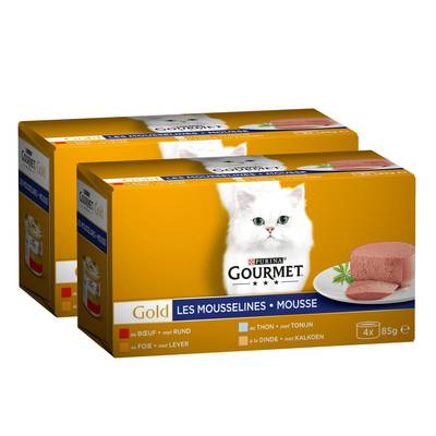 Purina - Gourmet Gold Boites Mousseline Thon, Foie, Dinde, Bœuf pour chat, Lot de 2 - 4x85g
