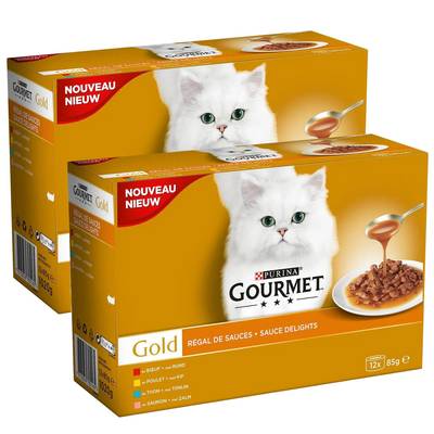 Purina - Gourmet Gold Boites Régal de Sauce Boeuf, Poulet, Thon, Saumon pour chat adulte, Lot de 2 - 12x85g