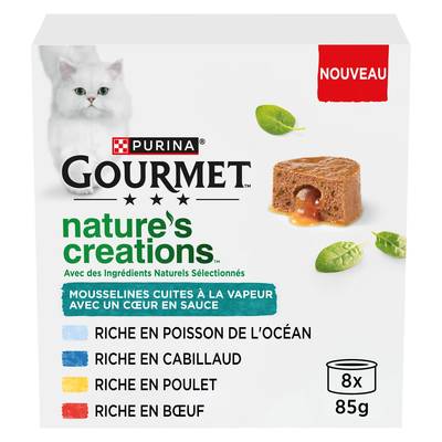 Purina - Gourmet Nature's Creation Boites Mousselines coeur en sauce poisson, poulet et boeuf pour chat, 8x85g