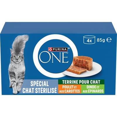 Purina - One Boîtes Terrines dinde et épinards, poulet et carottes pour chat stérilisé, 4x85g
