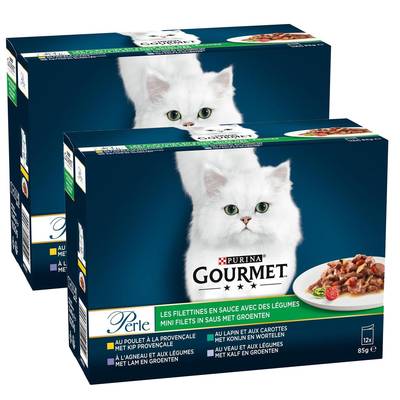 Purina - Gourmet Perle Sachets en Sauce Filettines avec des Légumes 4 variétés pour chat, Lot de 2 -12x85g
