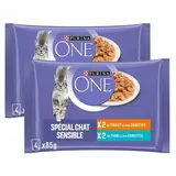 Purina - One Sachets en sauce Effilés Thon, Poulet et Carottes spécial chat sensible pour chat adulte, Lot de 2 -4x85g