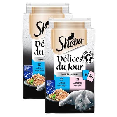 Sheba - Délices du Jour Sachets en Gelée Poissons Thon et Saumon MSC pour chat, Lot de 2 -6x50g
