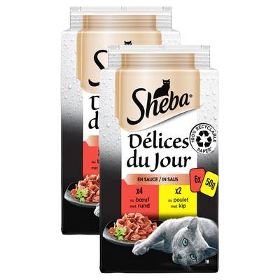 Sheba - Délices du Jour Sachets en Sauce du Boucher Boeuf, Poulet pour chat, Lot de 2 -6x50g