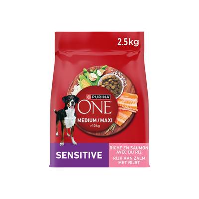 Purina - One Croquettes Saumon Sensitive pour chien moyen et maxi, 2,5kg