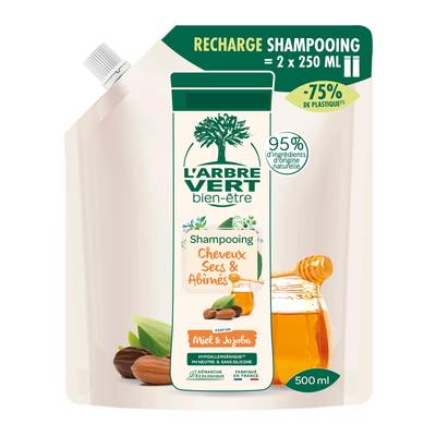 L'Arbre Vert Bien-Etre Shampooing hypoallergénique ph neutre cheveux secs et abîmés miel et jojoba, 500ml