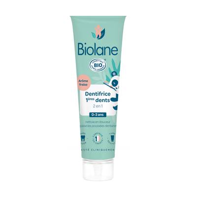 Biolane Dentifrice 1ères dents 2 en 1 arôme fraise bio dès la naissance, 50ml