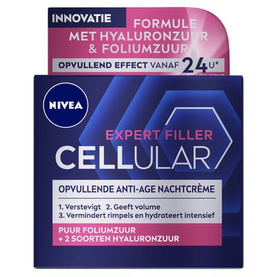 Nivea Crème Nuit Anti-rides Repulpant à l'Acide Hyaluronique et Acide Folique Cellular Expert Filler, 50ml