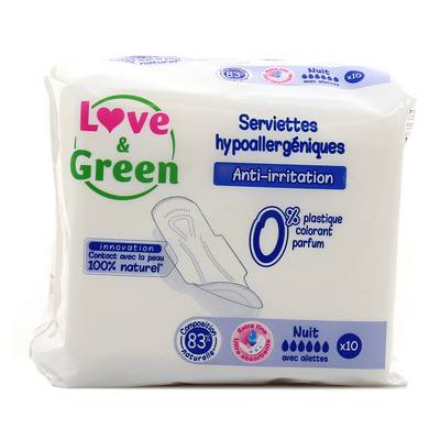 Love & Green Serviettes hygiéniques nuit avec aillettes anti-irritation, 10  serviettes