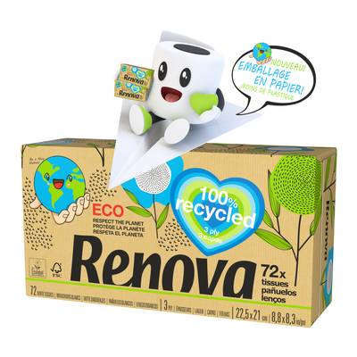 RENOVA Boîte de mouchoirs recyclés 3 épaisseurs, 72 mouchoirs