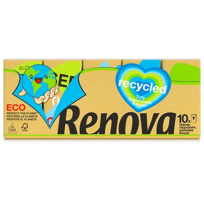 RENOVA Mouchoirs en étuis recyclés 3 épaisseurs, 10 étuis mouchoir