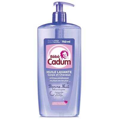 Cadum Huile lavante bébé Corps et Cheveux Hypoallergénique Camomille et Fleur D'Oranger Bonne Nuit, 750ml