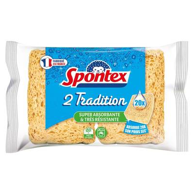 Spontex Éponges Tradition x2, Super Absorbante et Très Résistante, 2 éponges