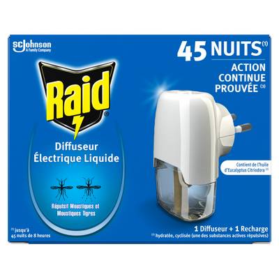 Raid Diffuseur Répulsif Moustiques 45 nuits, 1 diffuseur + 1 recharge