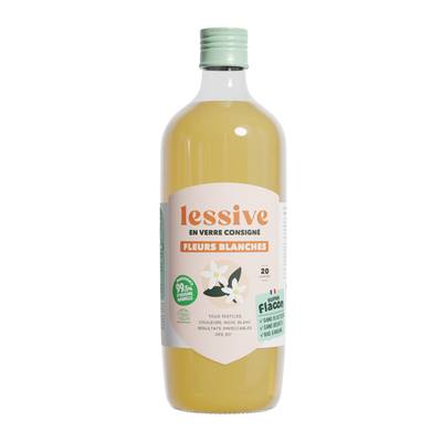 Super Flacon Lessive à la fleurs blanches, Bouteille verre de 1  Litre