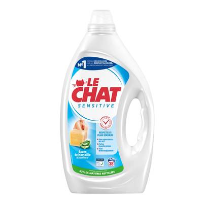 Le Chat Lessive Liquide Peaux sensibles Savon de Marseille et Aloe Vera, 1,71L