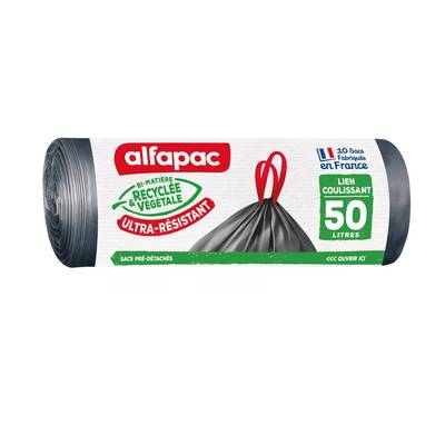 Alfapac Sacs-poubelle lien coulissant ultra résistant 50L, 10 sac poubelles