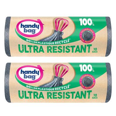 Handy Bag Sacs poubelle 100L avec poignées coulissantes, Lot de 2x10 sacs de 100L