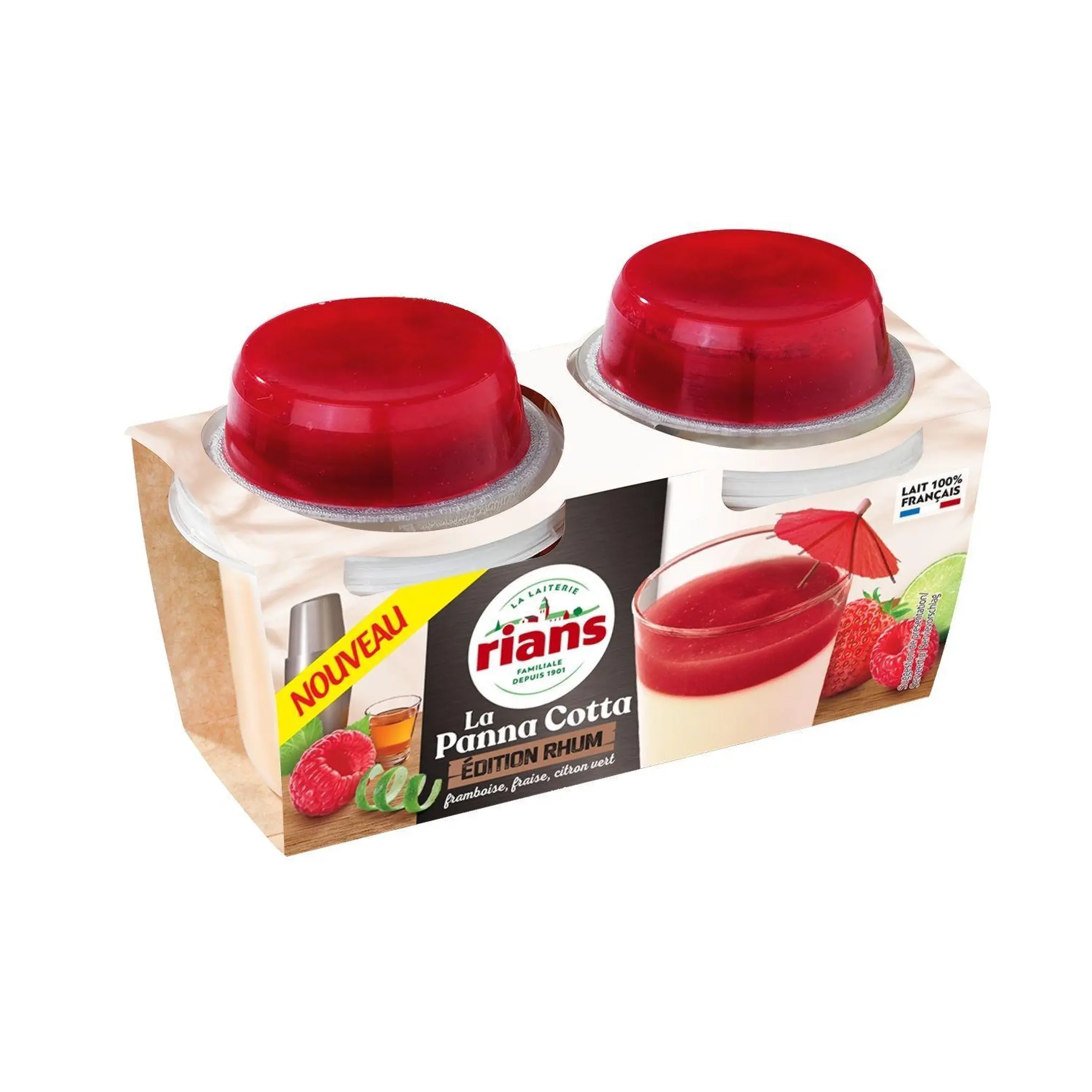 RIANS Panna cotta au rhum et coulis de framboise, fraise et citron vert